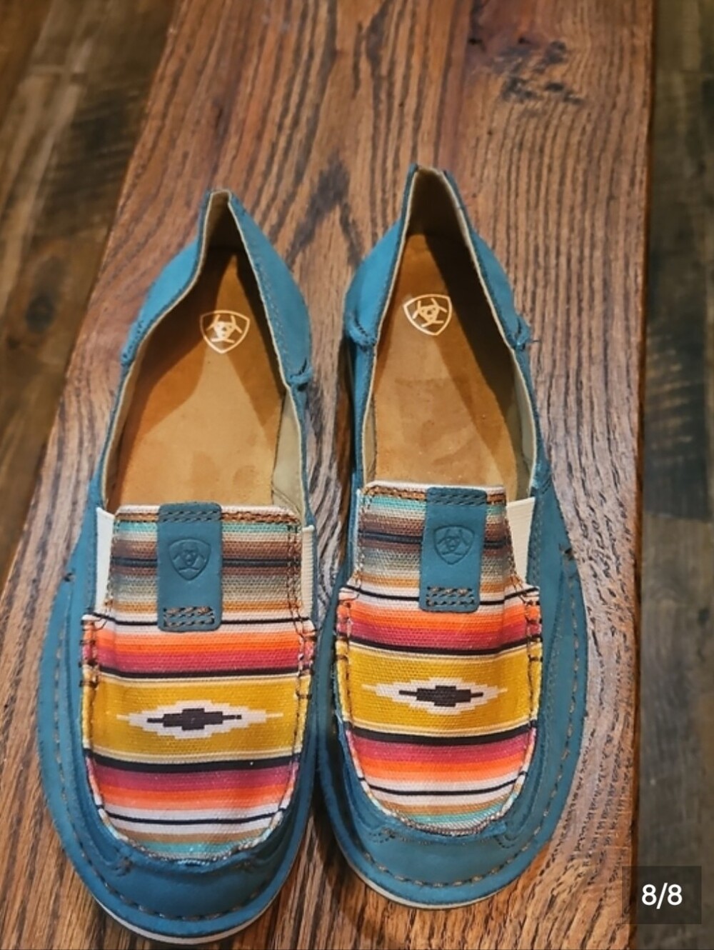 Ariat Teal Slip-On Suede Leather Moccasins with Multicolor Southwestern Print